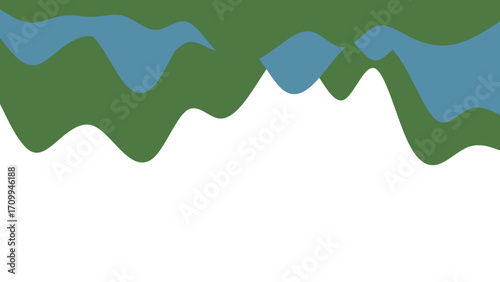 Modern abstract design featuring organic wavy shapes in muted green and blue, suggesting serene hills or water. Ample copy space.