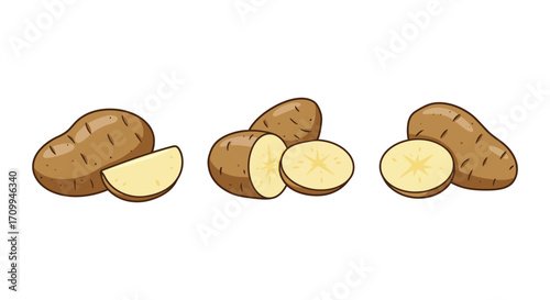 Fresh potatoes displayed whole and sliced showcasing their texture and form
