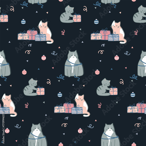 Dark Seamless Christmas Cats Pattern with Festive Gifts and Winter Snowflakes