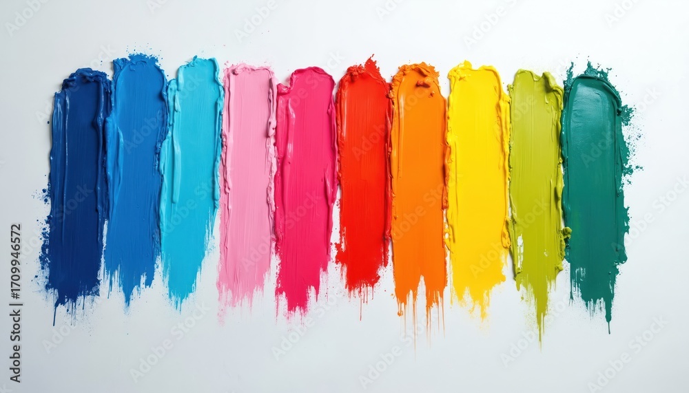 Fototapeta premium Horizontal arrangement of colorful paint strokes on white canvas. Vivid blues, pinks, reds, oranges, yellows, greens showcase spectrum of hues. Thick texture, brush marks suggest creativity, artistic