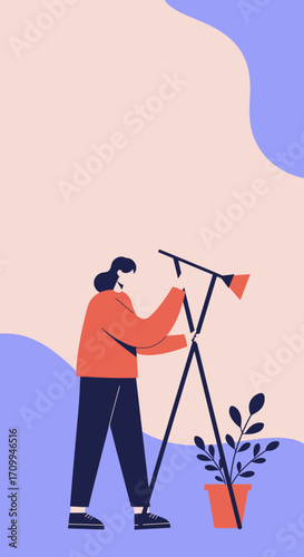 Modern flat illustration of a young person observing or working with a tripod-mounted device, symbolizing learning, discovery, and creative pursuit. Suitable for education and lifestyle content.