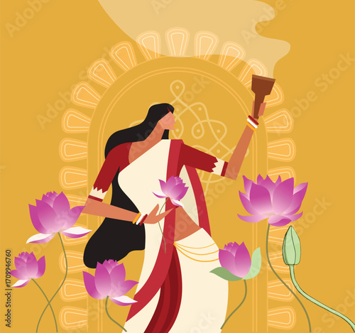 Illustration of women dancing with incense burners and lotus in their hands during the Durga Puja Festival