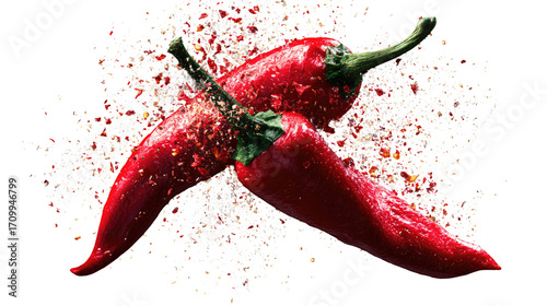 Fototapeta Naklejka Na Ścianę i Meble -  Two vibrant red chili peppers surrounded by a burst of colorful spices