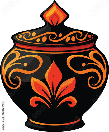 Black decorative pot with orange floral motifs and lid