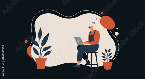 A senior woman with grey hair calmly works on her laptop in a modern, plant-decorated home office, embodying a connected digital lifestyle.