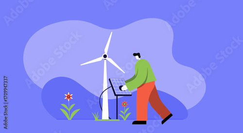 Person engaging with a solar panel near a wind turbine, symbolizing sustainable energy and environmental responsibility for a greener future.