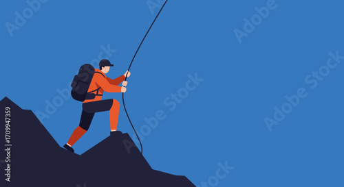 Determined man in hiking gear climbs a steep mountain with a rope, embodying perseverance, adventure, and overcoming challenges. Ideal for business, sports, and travel concepts.