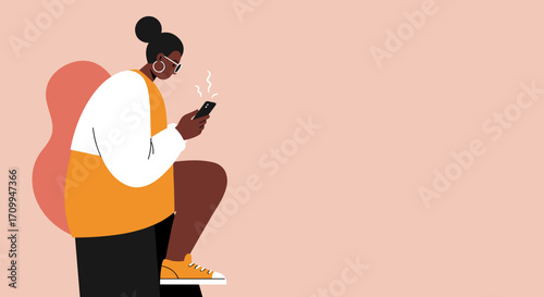 A contemporary flat illustration depicting a focused young Black woman actively using her smartphone, showcasing digital engagement and modern connectivity.