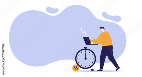 Man working on a laptop while pushing a large clock, symbolizing efficient time management, productivity, and meeting deadlines in a dynamic business environment.