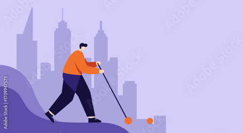 Modern illustration of a man pushing forward elements with a stick against an urban skyline. Concept of progress, business goals, innovation, and overcoming challenges.