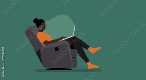 Relaxed woman working or studying from home on a laptop in a comfortable reclining chair. Ideal for remote work, leisure, or online content.