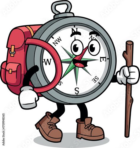 Cartoon compass character with backpack and walking stick on adventure