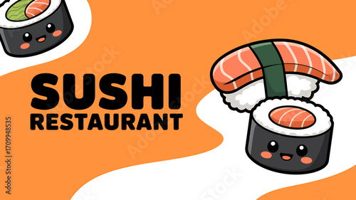 Sushi Restaurant Banner Design – Cute Japanese Food Vector Illustration