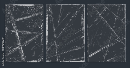 Overlay gray textures with folded paper effect, rough scratches, dust set. Distressed blank frames with torn edges, creases, grunge strokes, punk style vintage damaged surfaces. Vector black textures.