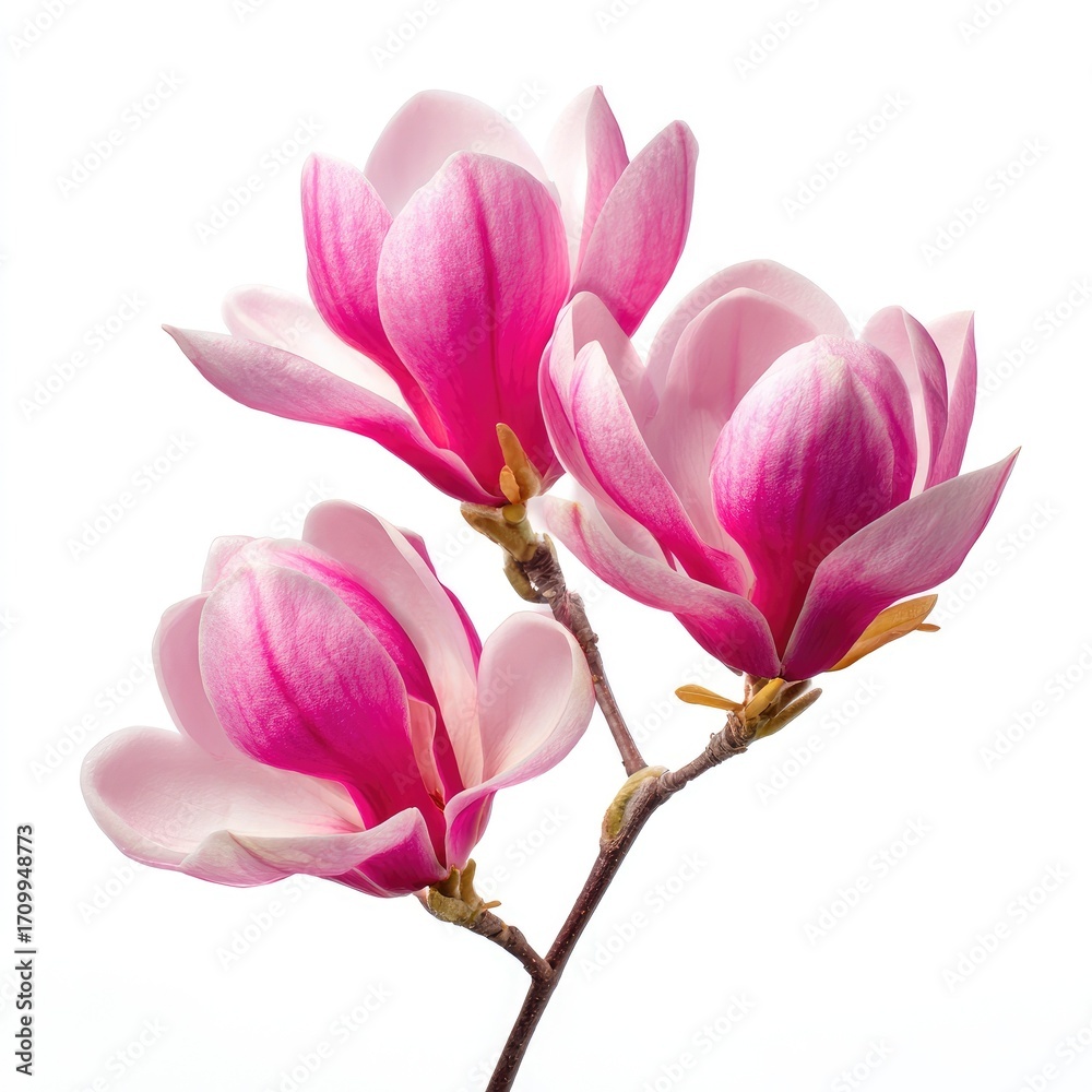 Naklejka premium Pink magnolia blossoms on a stem, isolated