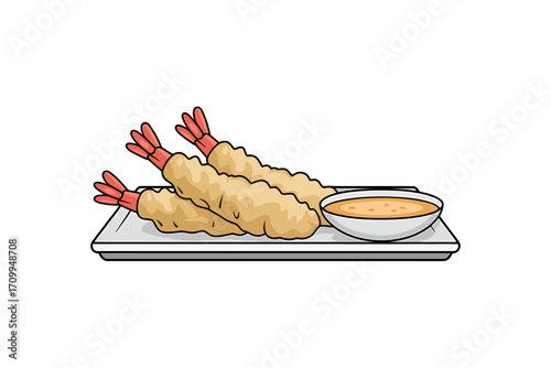 Crispy Japanese Shrimp Tempura with Dipping Sauce on Plate – Asian Food Illustration