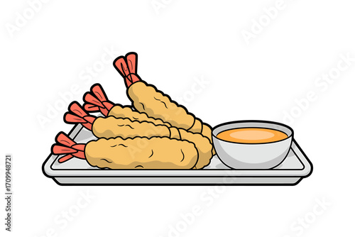 Japanese Shrimp Tempura with Dipping Sauce – Fried Seafood Dish Illustration