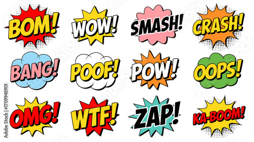 Cartoon comic sign burst clouds. Speech bubble, boom sign expression and pop art text frames. Comics mem expressions speech, superhero book bubbles label. Isolated vector symbols set