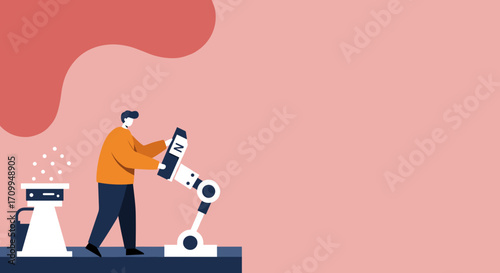A male engineer in an orange sweater and dark pants operates a sophisticated robotic arm, symbolizing advanced automation and future manufacturing processes.