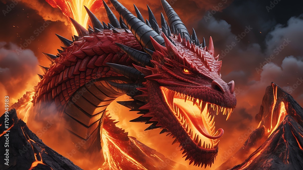 Fototapeta premium Majestic Red Dragon Roaring Amidst Volcanic Eruption A Fantasy Creature in a Dramatic Landscape Scene