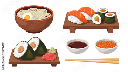 Japanese Food Set with Sushi, Onigiri, Ramen and Soy Sauce
