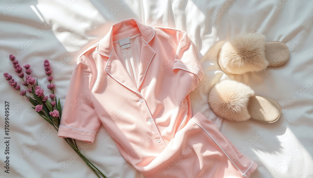 Obraz premium Soft pink satin pajamas with plush slippers laid on white bedding set. Delicate pink flowers add touch of nature to serene home relaxation scene. Sunlight streams across fabric, smooth texture,