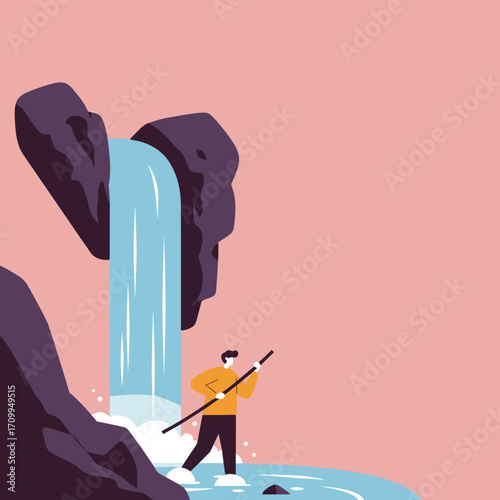 Illustration of a man actively shoveling snow, depicting winter chores and seasonal maintenance. Useful for weather, home, or labor themes.