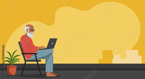 Elderly man using a laptop at home, symbolizing digital literacy, remote work, or connected senior lifestyle. Modern technology for older generations.