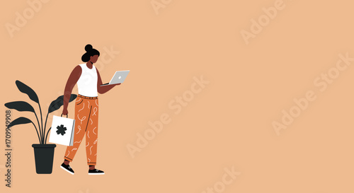 A modern, stylish woman seamlessly combines technology and consumerism, walking with a laptop and a shopping bag, embodying contemporary lifestyle.