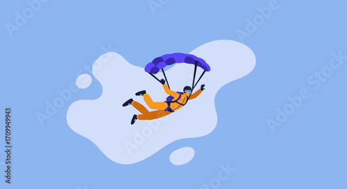 An illustration depicts an adventurous person in an orange jumpsuit skydiving with a purple parachute against a serene blue sky, symbolizing freedom and thrilling adventure.