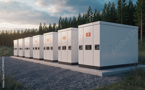 Modern industrial battery energy storage systems lined up in a row outdoors under a cloudy sky illustration