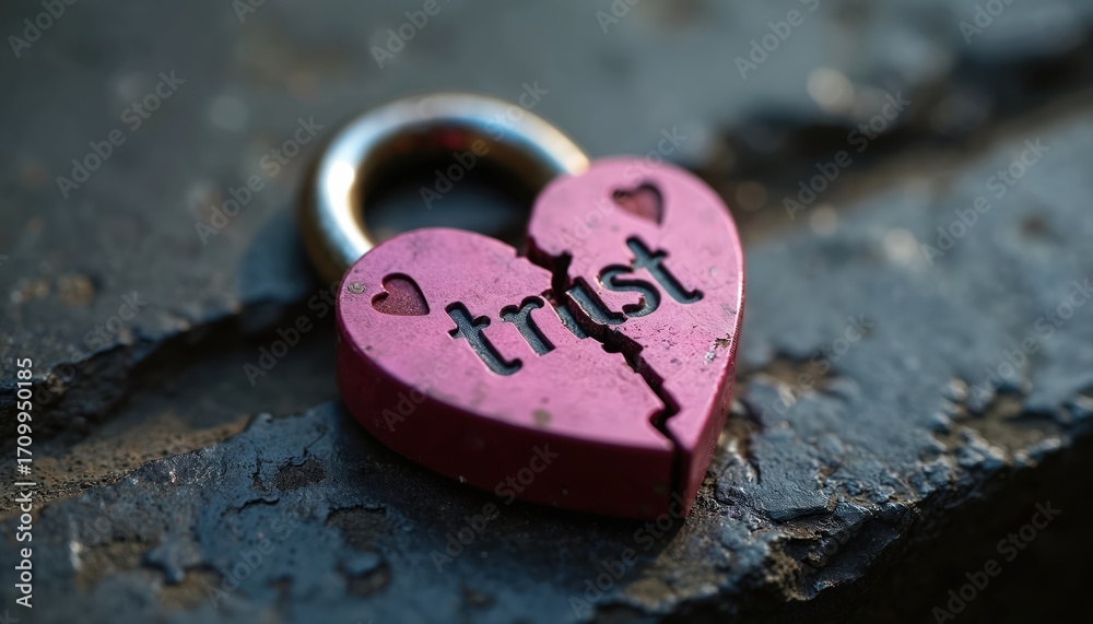 Fototapeta premium Broken heart-shaped padlock displaying word trust split in half. Symbolizes betrayal, relationship breakdown, loss of security. Rests on weathered stone surface, suggesting hardship, emotional pain.