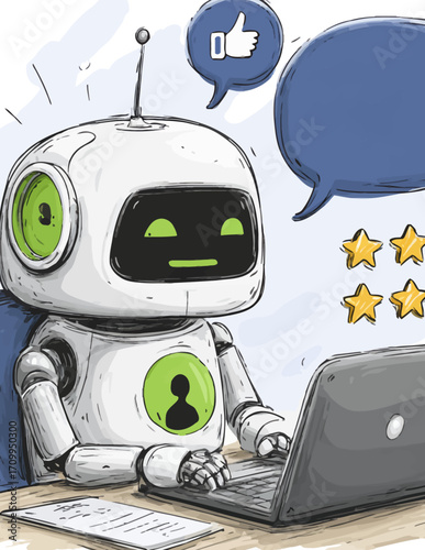 Illustration vectorielle d'un robot assistant travaillant sur un ordinateur portable, gérant les interactions et les avis clients avec son intelligence artificielle.
