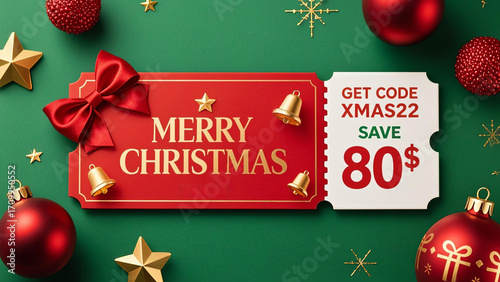 Realistic red Christmas ticket with green background, red satin bow, golden stars, red baubles