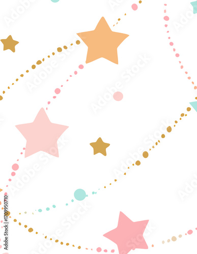 Ce motif vectoriel sans couture présente des étoiles pastel et des guirlandes scintillantes, parfait pour des fonds d'écran doux et des designs enfantins.