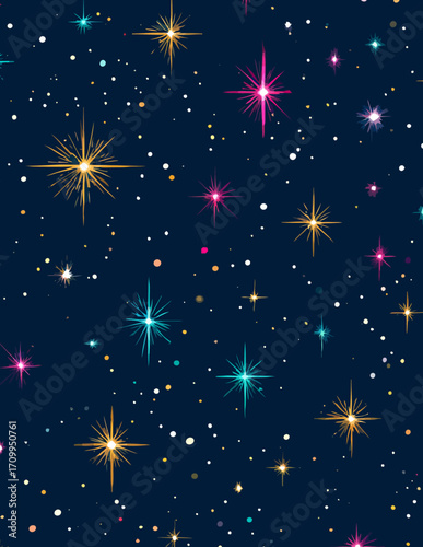 Illustration vectorielle d'un ciel étoilé profond, parsemé de lumières scintillantes et de reflets multicolores, créant une ambiance féerique et mystérieuse.