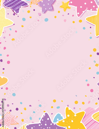 Arrière-plan vectoriel ludique et coloré, orné d'étoiles variées et de confettis pétillants sur une douce teinte rose.