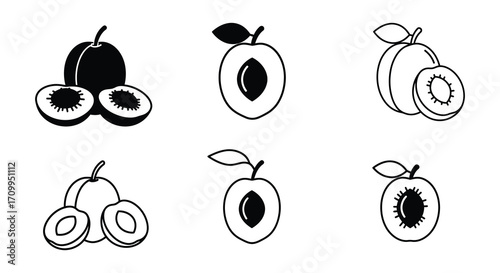 Simple black and white illustration of various plum and kiwi fruit shapes
