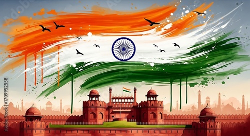 Indian Tricolor Brushstroke Over Red Fort Delhi with Ashoka Chakra and Birds.