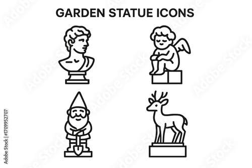 Garden Statue Icons – Elegant Vector Set of Outdoor Sculptures, Decorative Statues & Landscape Art Symbols