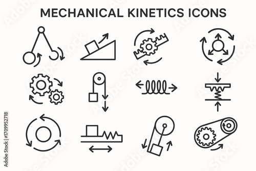 Mechanical Kinetics Icons – Technical Vector Set of Motion, Force, Gears & Engineering Mechanism Symbols