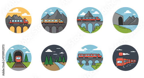Colorful illustrations depicting various scenic train routes through mountainous landscapes