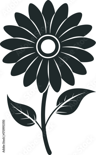 Stylized Black and White Flower Illustration Simple Elegant Floral Design with Petals Stem and Leaves for Decoration