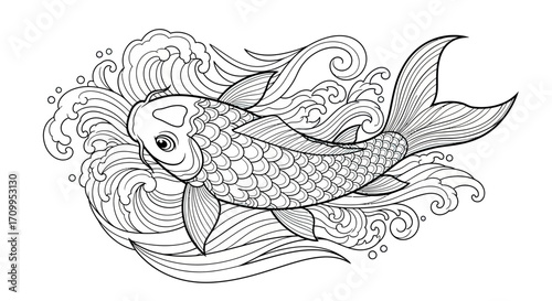 Detailed Koi Fish Vector Illustration with Flowing Water Waves in Black and White Line Art