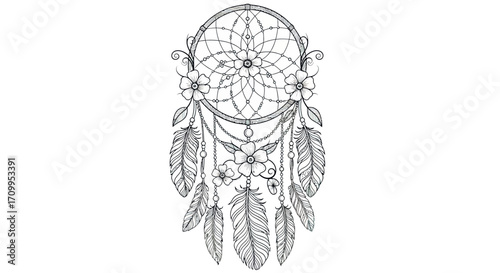 Decorative Dreamcatcher Vector Illustration with Floral Elements and Feather Details in Hand Drawn Style