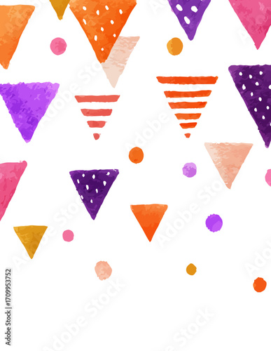 Illustration joyeuse et contemporaine présentant une composition dynamique de multiples triangles et de petits cercles colorés sur un fond lumineux.