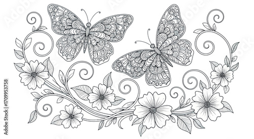 Decorative Floral Butterfly Vector Illustration with Ornate Organic Elements Black and White Detailed Style