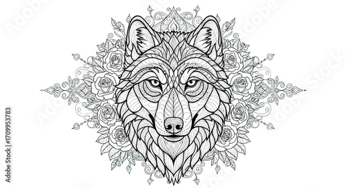 Detailed Wolf Head Vector Illustration with Floral Elements in Black and White Ornate Style