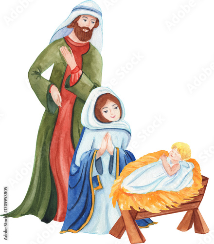 Watercolor biblical illustration of Mary and Joseph leaning over baby Jesus. Perfect for nativity scenes, Christmas cards, Christian art, and sacred designs.