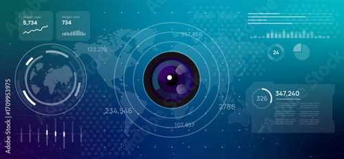Global surveillance monitoring and security technology systems futuristic digital dashboard featuring a world map with camera lens observation sophisticated monitoring systems